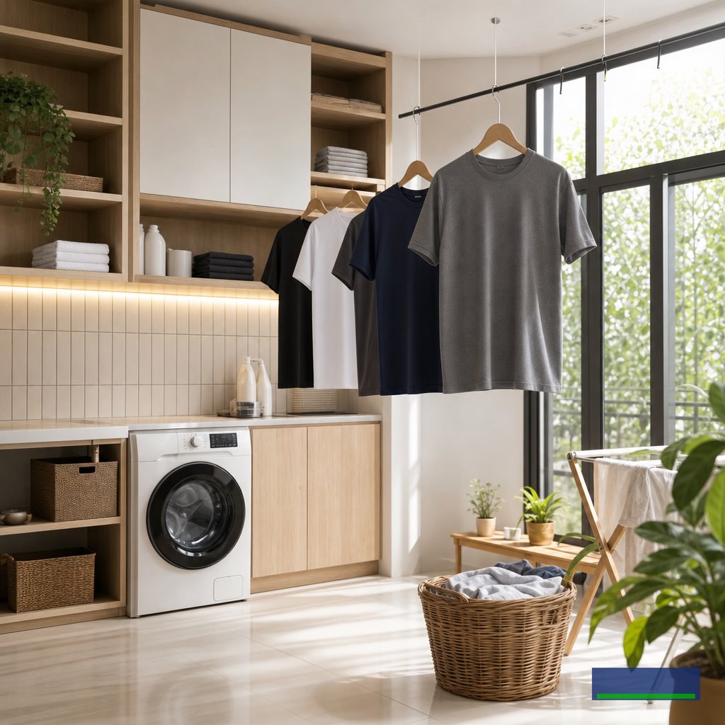 Thiết kế khu giặt phơi trong nhà: Cách giữ áo thun nam không co rút khi giặt