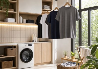 Thiết kế khu giặt phơi trong nhà: Cách giữ áo thun nam không co rút khi giặt