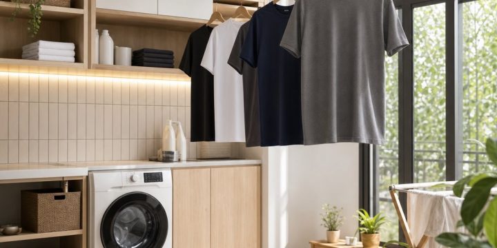 Thiết kế khu giặt phơi trong nhà: Cách giữ áo thun nam không co rút khi giặt