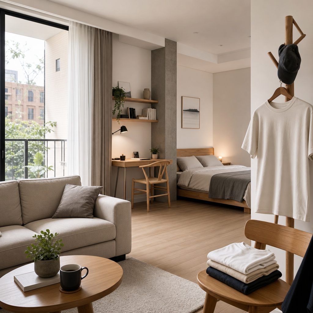Thiết kế căn hộ studio cho nam độc thân: đồng bộ nội thất với áo thun nam phong cách tối giản