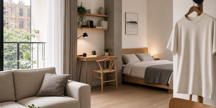 Thiết kế căn hộ studio cho nam độc thân: đồng bộ nội thất với áo thun nam phong cách tối giản