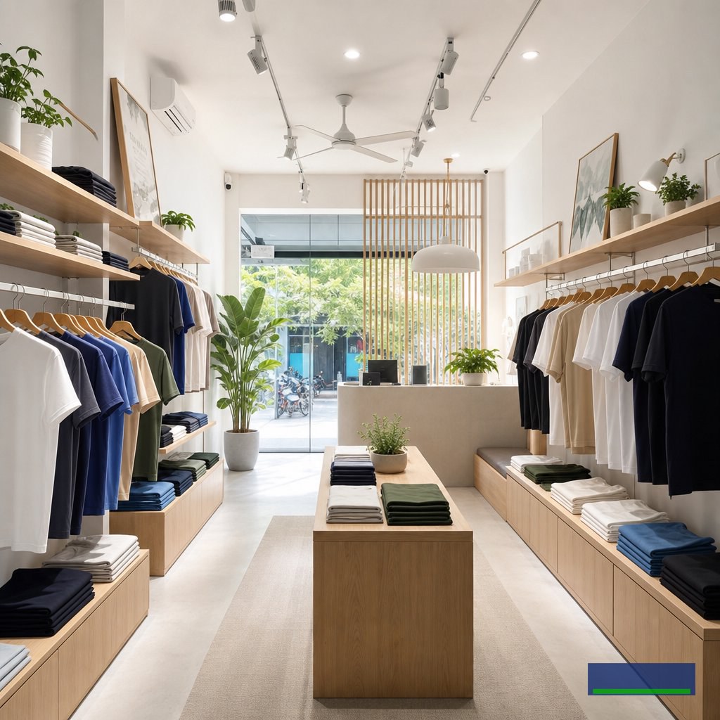 Thiết kế shop nhỏ cho áo thun nam local brand Việt Nam: Tối ưu không gian và trải nghiệm mua sắm