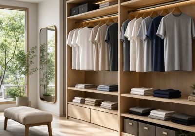 Thiết kế góc thay đồ gọn đẹp cho nam giới yêu áo phông nam tối giản