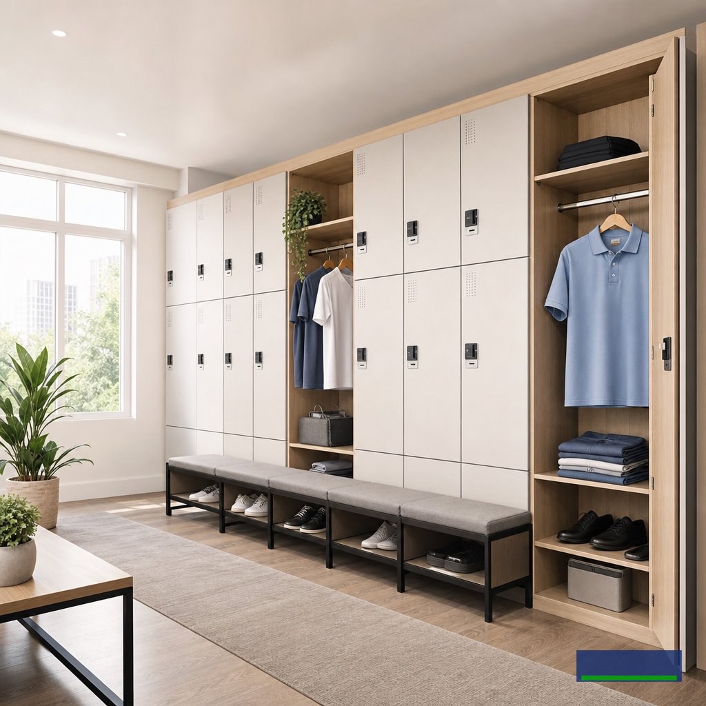 Thiết kế khu locker văn phòng nội thất: giữ áo thun nam mặc đi làm đẹp luôn gọn gàng