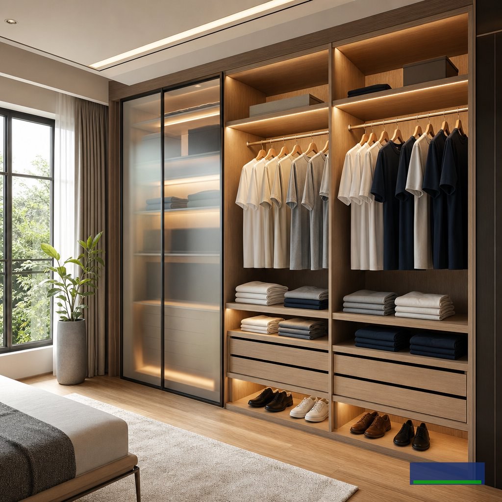 Thiết kế ánh sáng tủ quần áo giúp áo phông nam tối giản lên màu chuẩn và gọn mắt