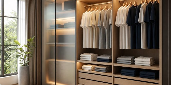 Thiết kế ánh sáng tủ quần áo giúp áo phông nam tối giản lên màu chuẩn và gọn mắt